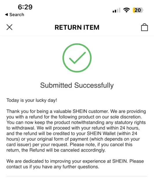 Return Items bought from SHEIN