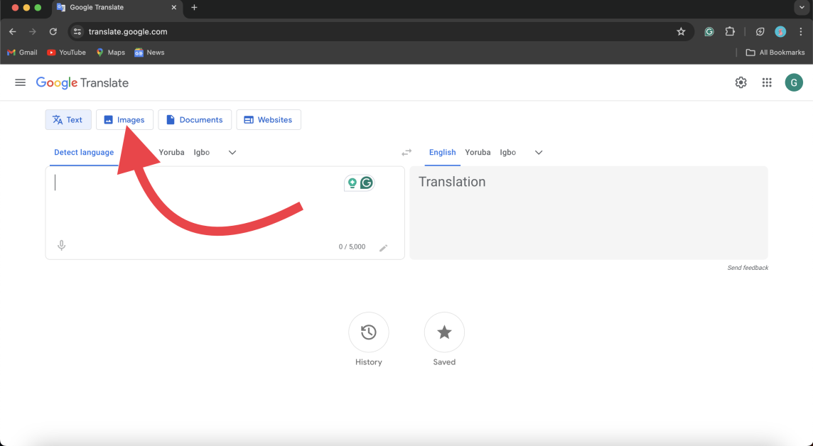 Access the “Images” area on the Google Translate website on your PC