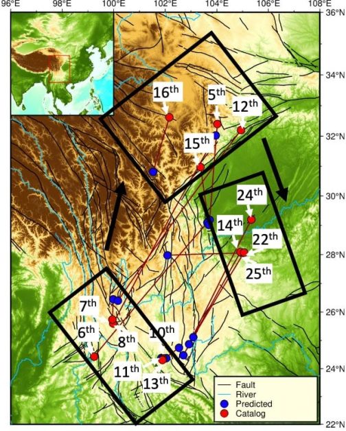 Blue dots show AI predictions, red dots show locations, and numbers show the week number they occurred (Image: Yangkang Chen/Jackson School of Geosciences)