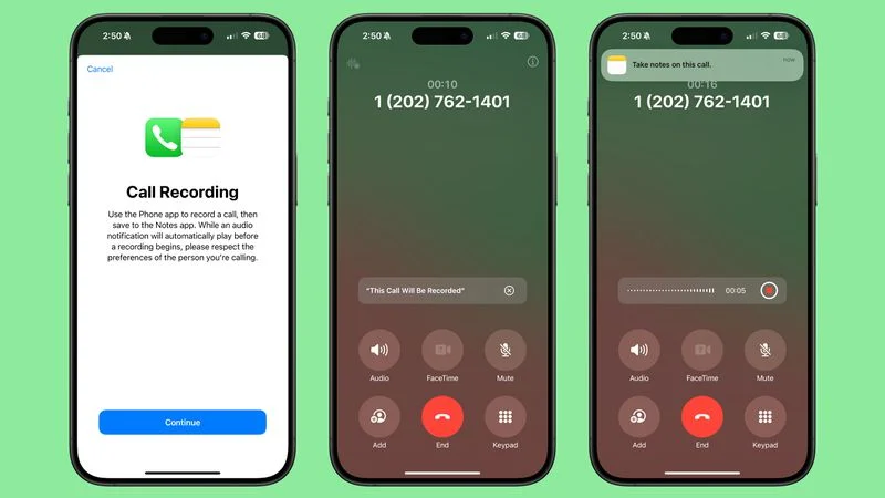 Call recorder in iOS 18.1 notifies all call participants that the message will be recorded 
