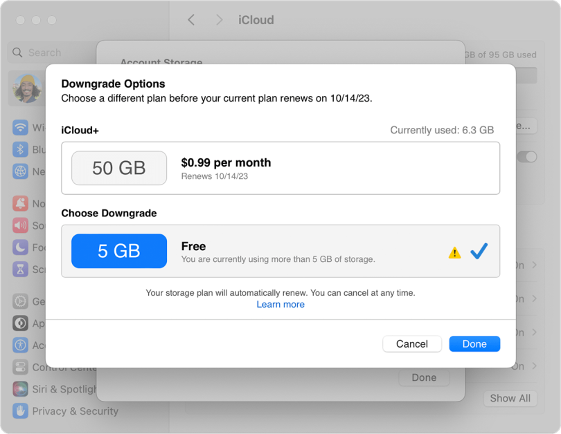 Choose “Free” to cancel iCloud+