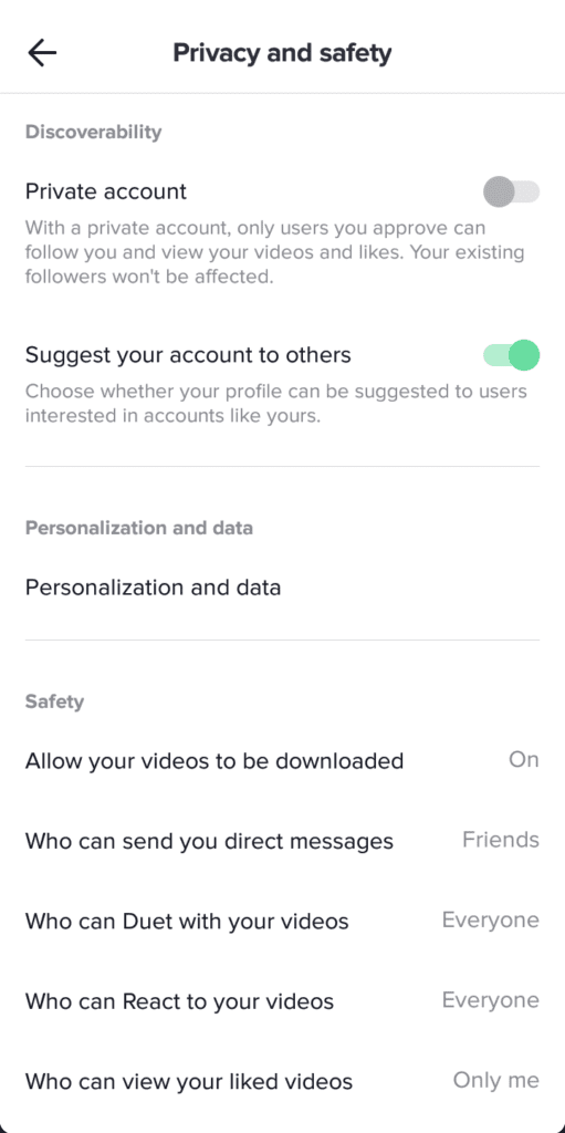 Privacy settings for TikTok