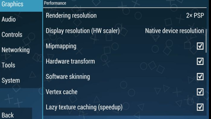 Features settings for PPSSPP