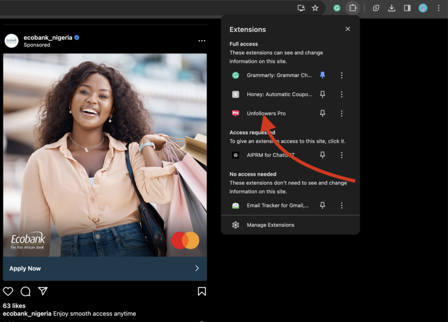 Click on the “Unfollowers Pro” extension