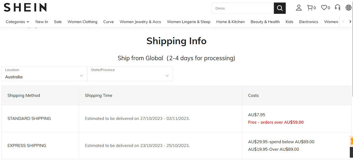 shein shipping info