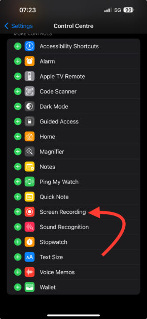 Tap the + button under “Screen Recording”