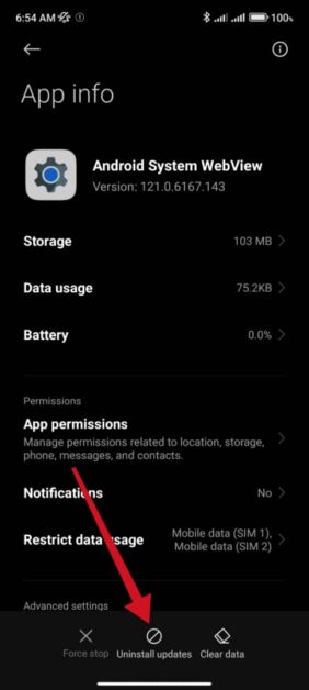 Uninstall Android System Webview updates