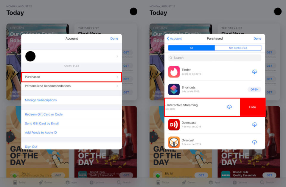 Hiding apps from the App Store purchase history