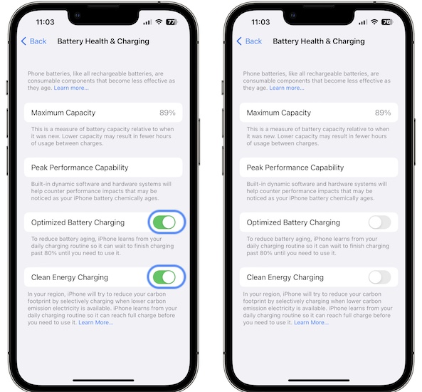 Disable Optimized Battery Charging and the Clean Energy Charging